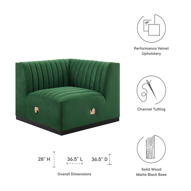 Maklaine Modern Channel Tufted Velvet Left Corner Chair in Emerald Green