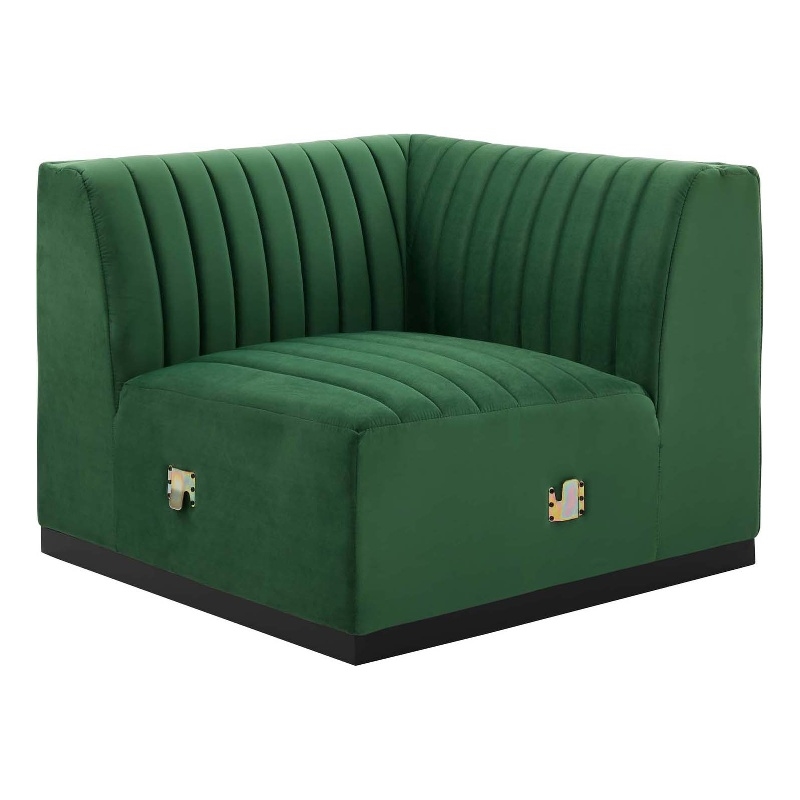 Maklaine Modern Channel Tufted Velvet Left Corner Chair in Emerald Green