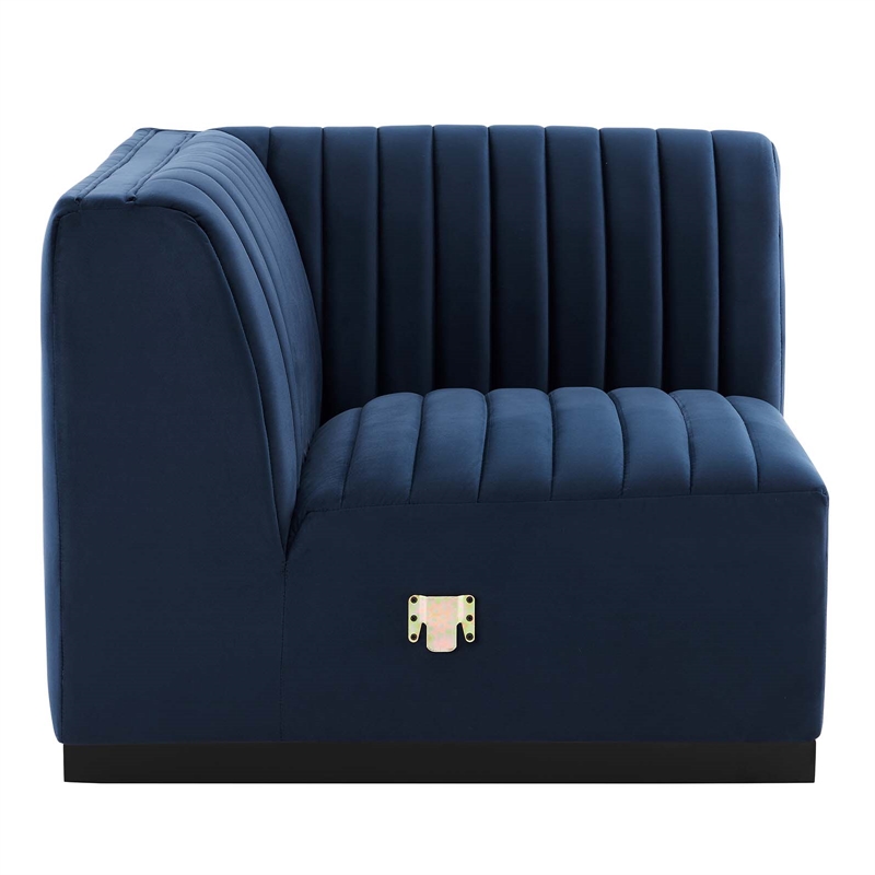 Maklaine Modern Channel Tufted Velvet Left Corner Chair in Midnight Blue