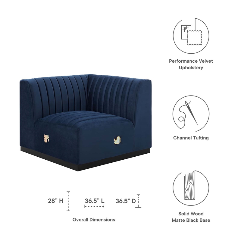 Maklaine Modern Channel Tufted Velvet Left Corner Chair in Midnight Blue
