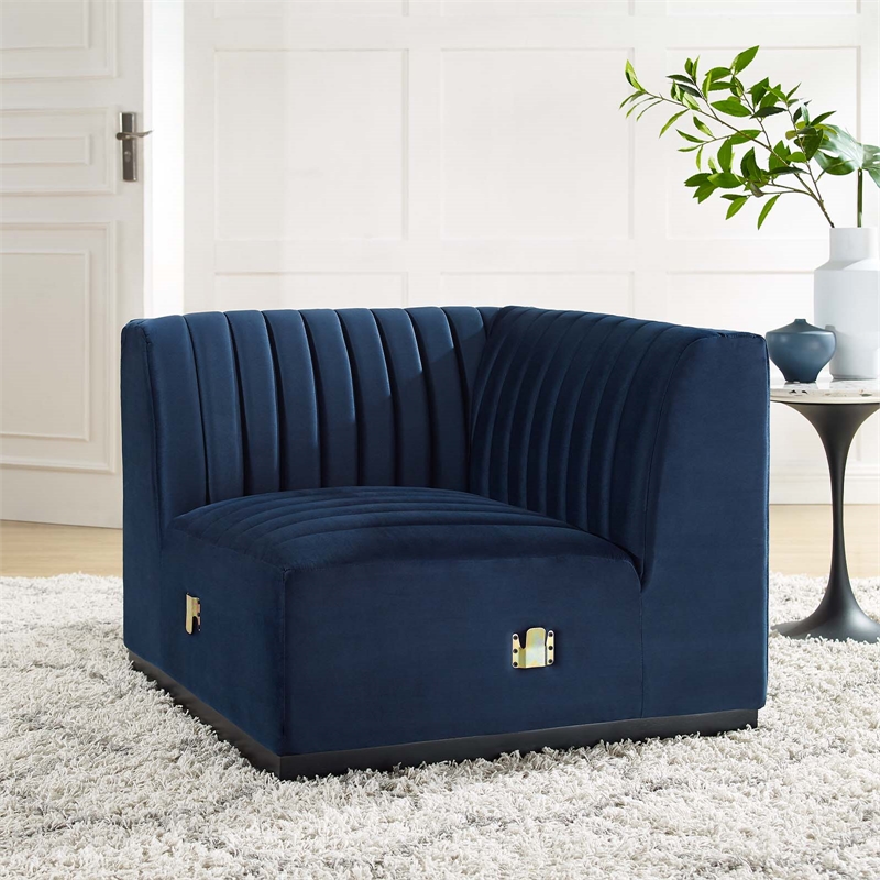 Maklaine Modern Channel Tufted Velvet Left Corner Chair in Midnight Blue