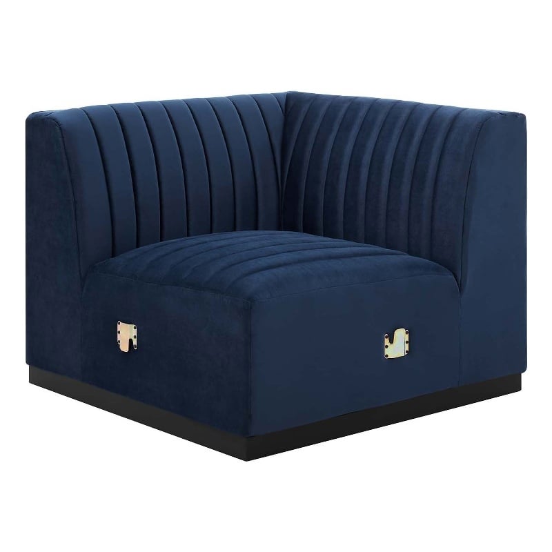 Maklaine Modern Channel Tufted Velvet Left Corner Chair in Midnight Blue