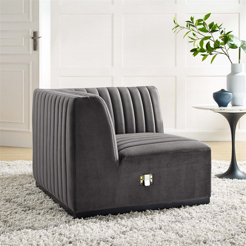 Maklaine Modern Channel Tufted Velvet Right Corner Chair in Gray