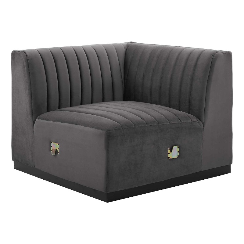 Maklaine Modern Channel Tufted Velvet Right Corner Chair in Gray