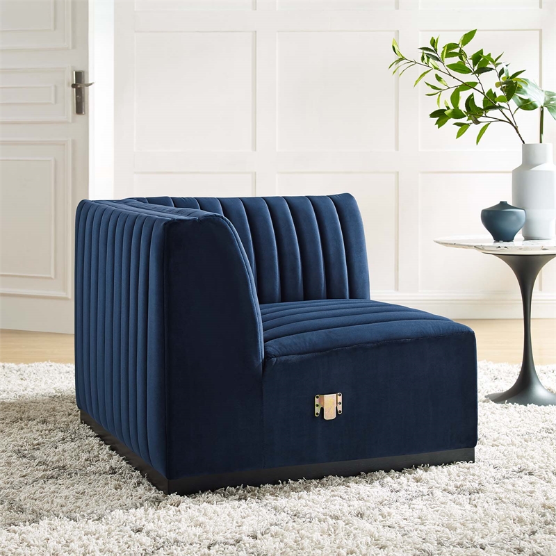 Maklaine Modern Channel Tufted Velvet Right Corner Chair in Midnight Blue