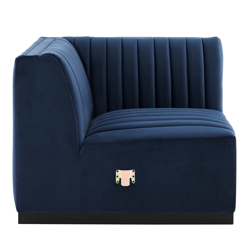 Maklaine Modern Channel Tufted Velvet Right Corner Chair in Midnight Blue