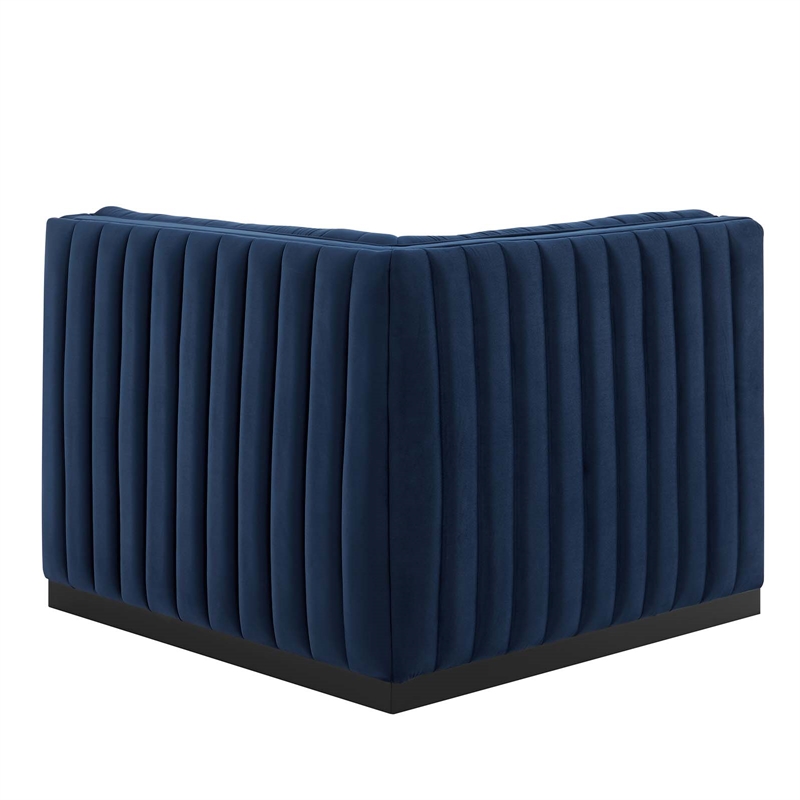 Maklaine Modern Channel Tufted Velvet Right Corner Chair in Midnight Blue