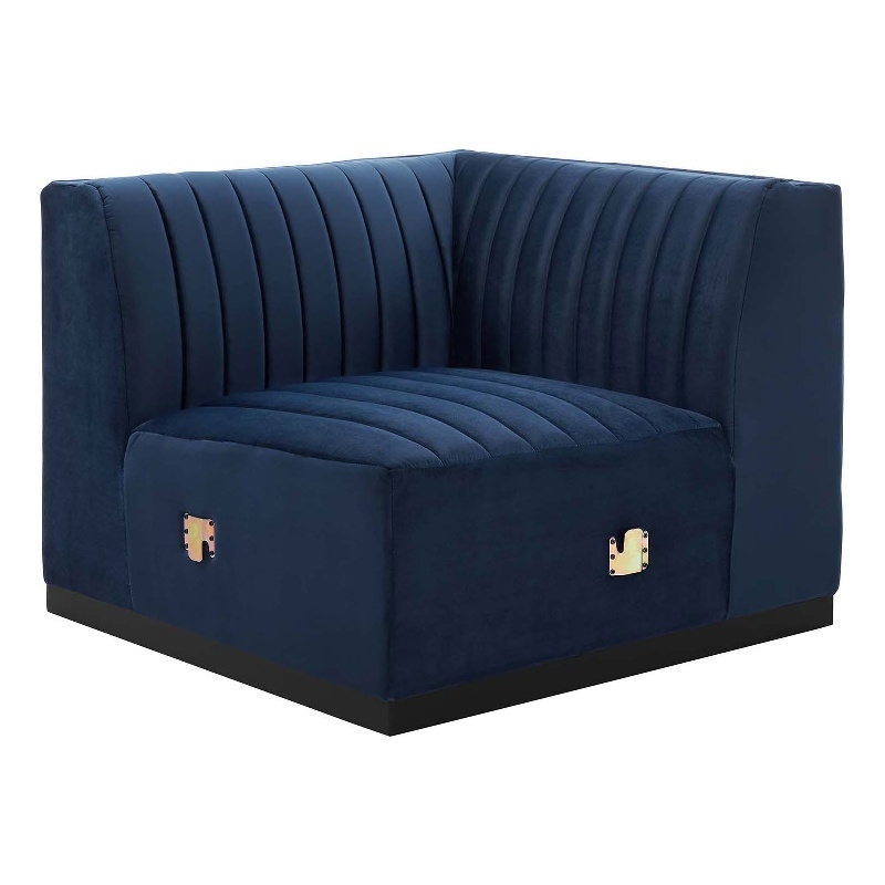 Maklaine Modern Channel Tufted Velvet Right Corner Chair in Midnight Blue