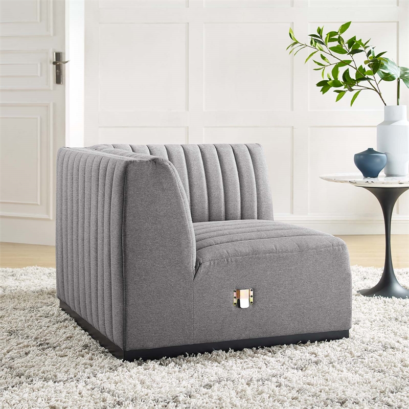 Maklaine Modern Channel Tufted Fabric Right Corner Chair in Gray