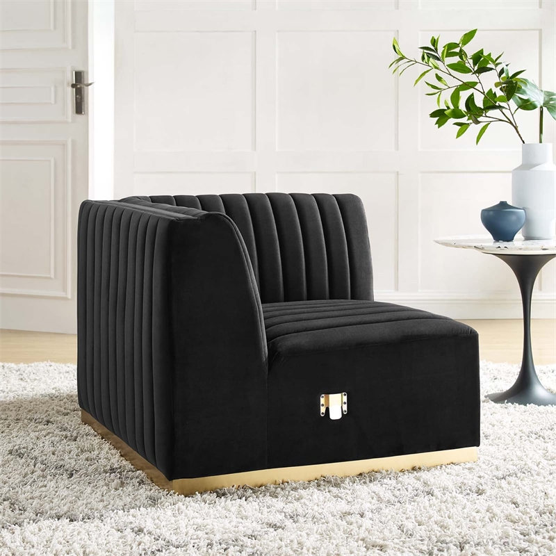 Maklaine Channel Tufted Performance Velvet Right Corner Chair - Gold/Black