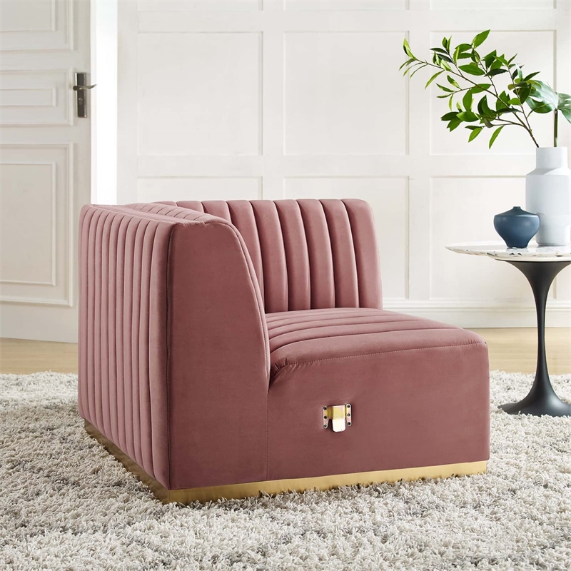 Maklaine Channel Tufted Performance Velvet Right Corner Chair in Gold/Rose