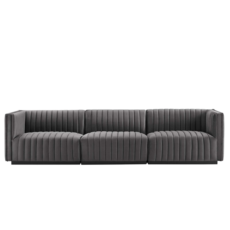 Maklaine Channel Tufted Performance Velvet Sofa in Black/Gray