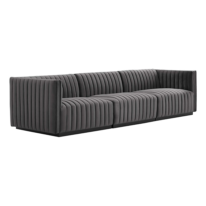 Maklaine Channel Tufted Performance Velvet Sofa in Black/Gray