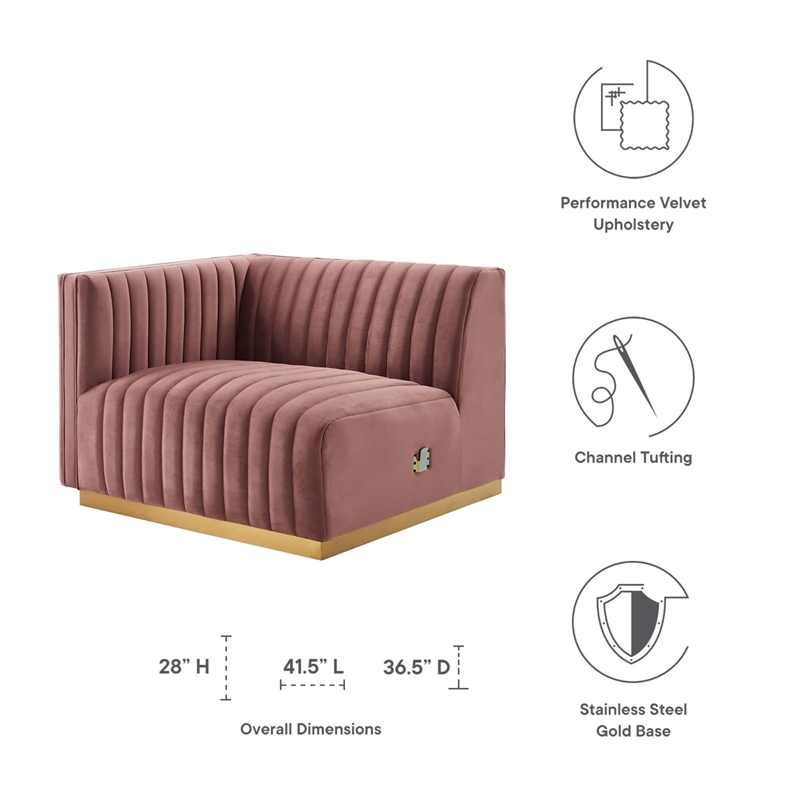 Maklaine Channel Tufted Performance Velvet Left-Arm Chair in Gold/Rose