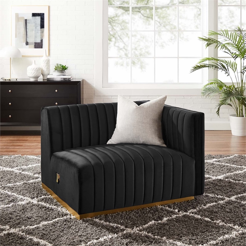 Maklaine Channel Tufted Performance Velvet Right-Arm Chair in Gold/Black