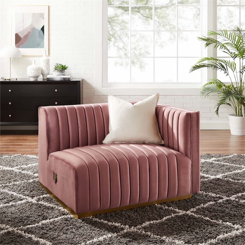 Maklaine Channel Tufted Performance Velvet Right-Arm Chair in Gold/Rose