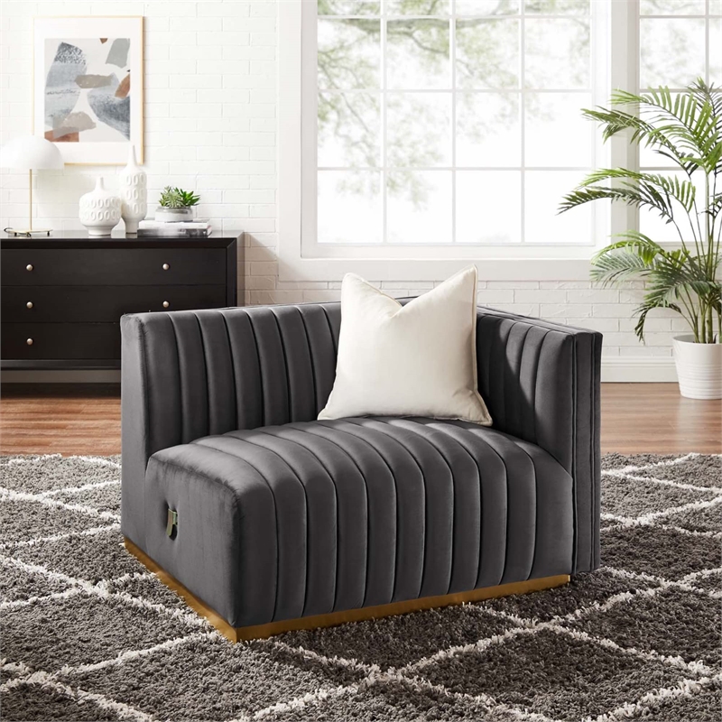 Maklaine Channel Tufted Performance Velvet Right-Arm Chair in Gold/Gray