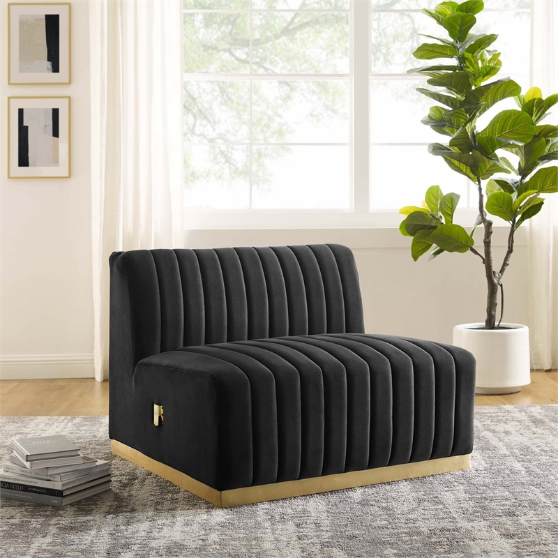 Maklaine Channel Tufted Performance Velvet Armless Chair in Gold/Black