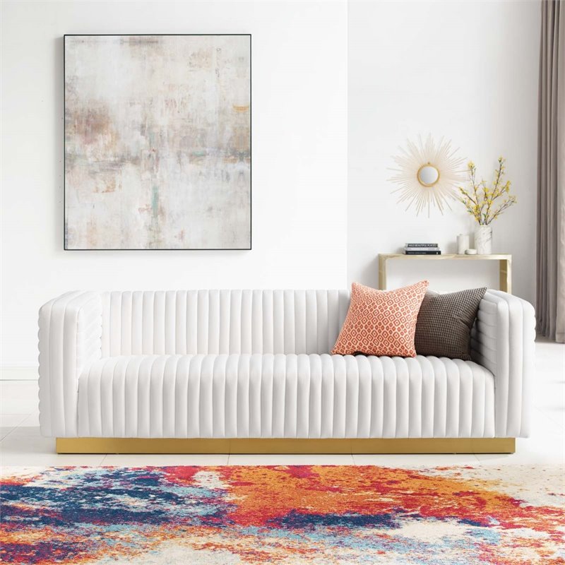 Maklaine Channel Tufted Performance Velvet Living Room Sofa in White