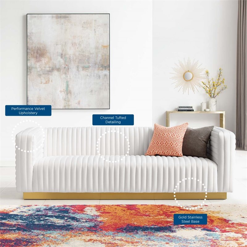 Maklaine Channel Tufted Performance Velvet Living Room Sofa in White