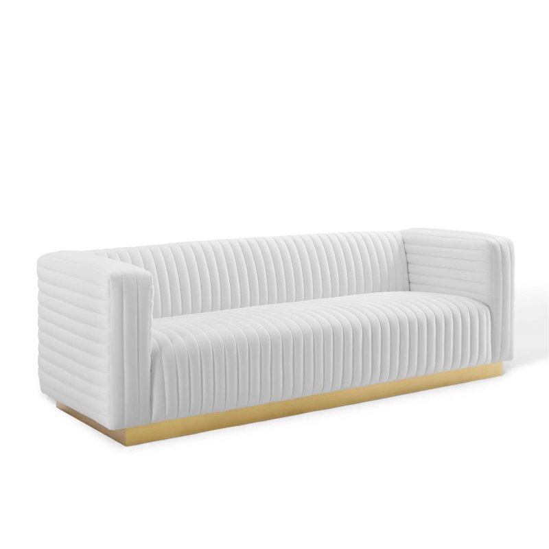 Maklaine Channel Tufted Performance Velvet Living Room Sofa in White