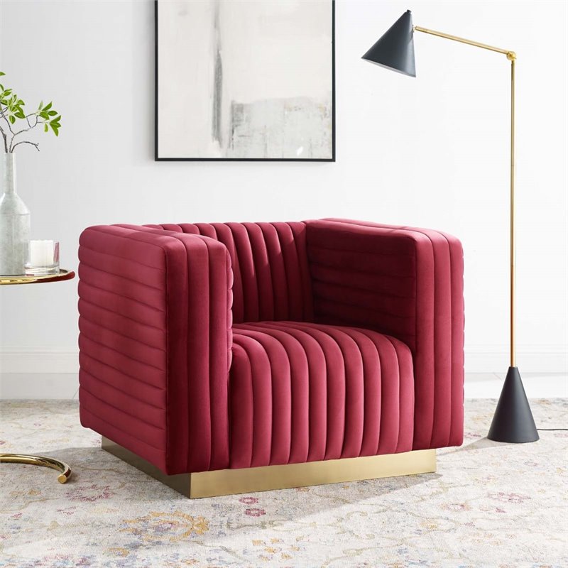 Maklaine Channel Tufted Performance Velvet Accent Armchair in Maroon