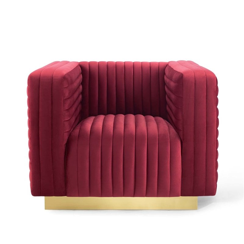 Maklaine Channel Tufted Performance Velvet Accent Armchair in Maroon