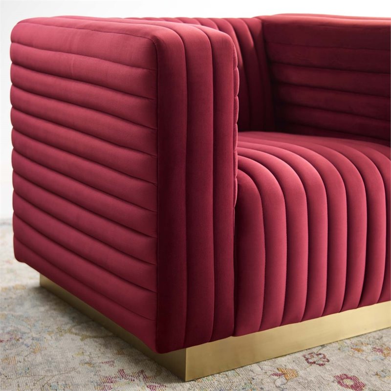 Maklaine Channel Tufted Performance Velvet Accent Armchair in Maroon