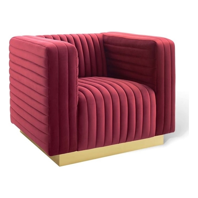 Maklaine Channel Tufted Performance Velvet Accent Armchair in Maroon