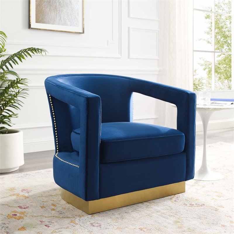 Maklaine Performance Velvet and Stainless Steel Armchair in Navy