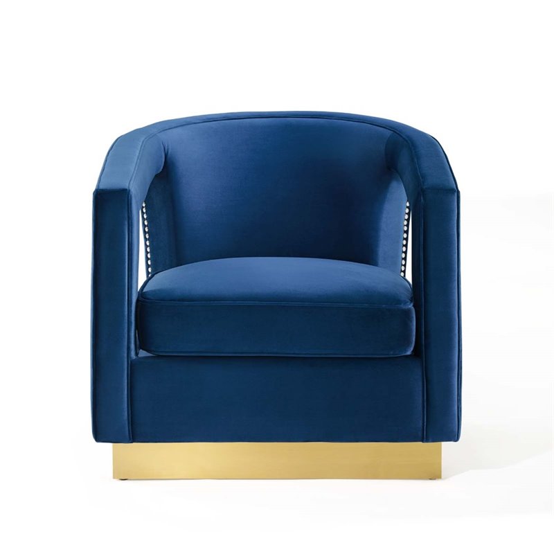 Maklaine Performance Velvet and Stainless Steel Armchair in Navy