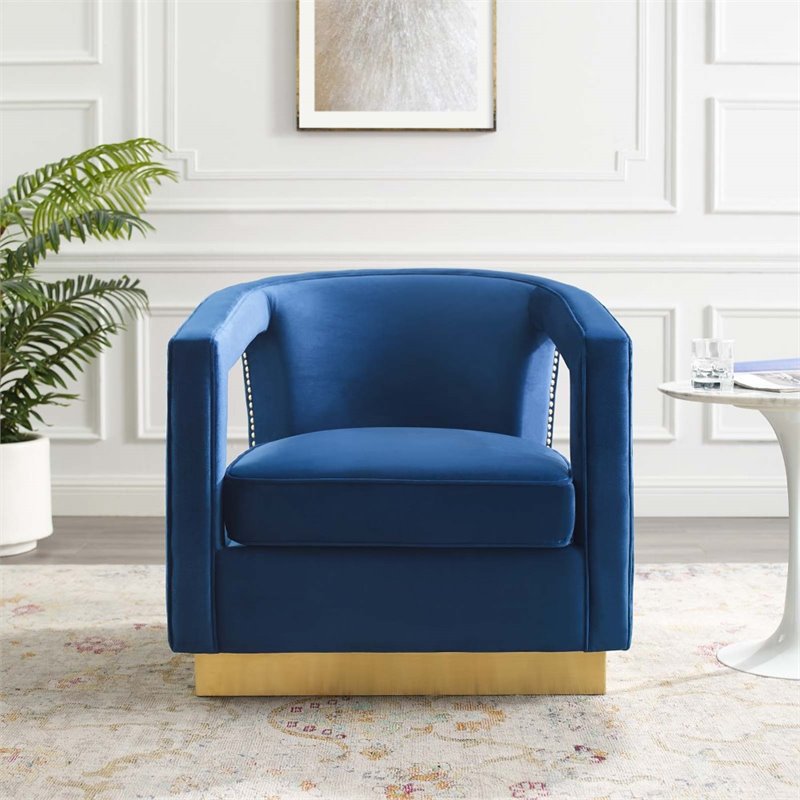 Maklaine Performance Velvet and Stainless Steel Armchair in Navy