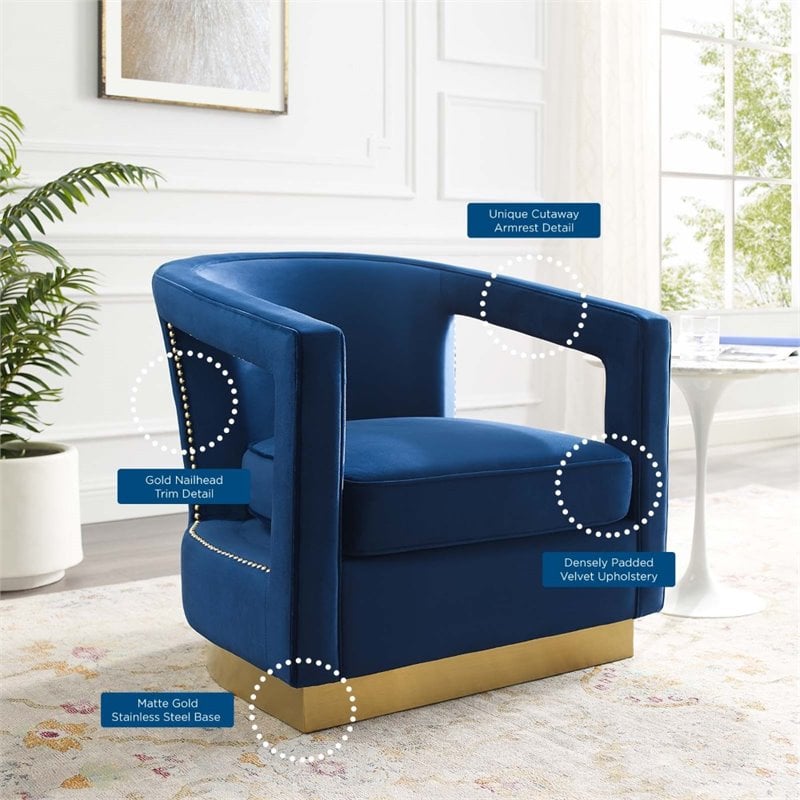 Maklaine Performance Velvet and Stainless Steel Armchair in Navy
