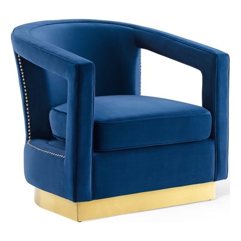 Maklaine Performance Velvet and Stainless Steel Armchair in Navy