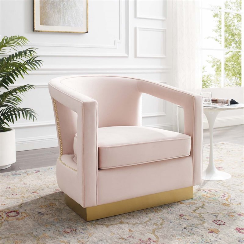 Maklaine Performance Velvet and Stainless Steel Armchair in Pink
