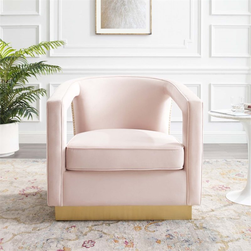 Maklaine Performance Velvet and Stainless Steel Armchair in Pink