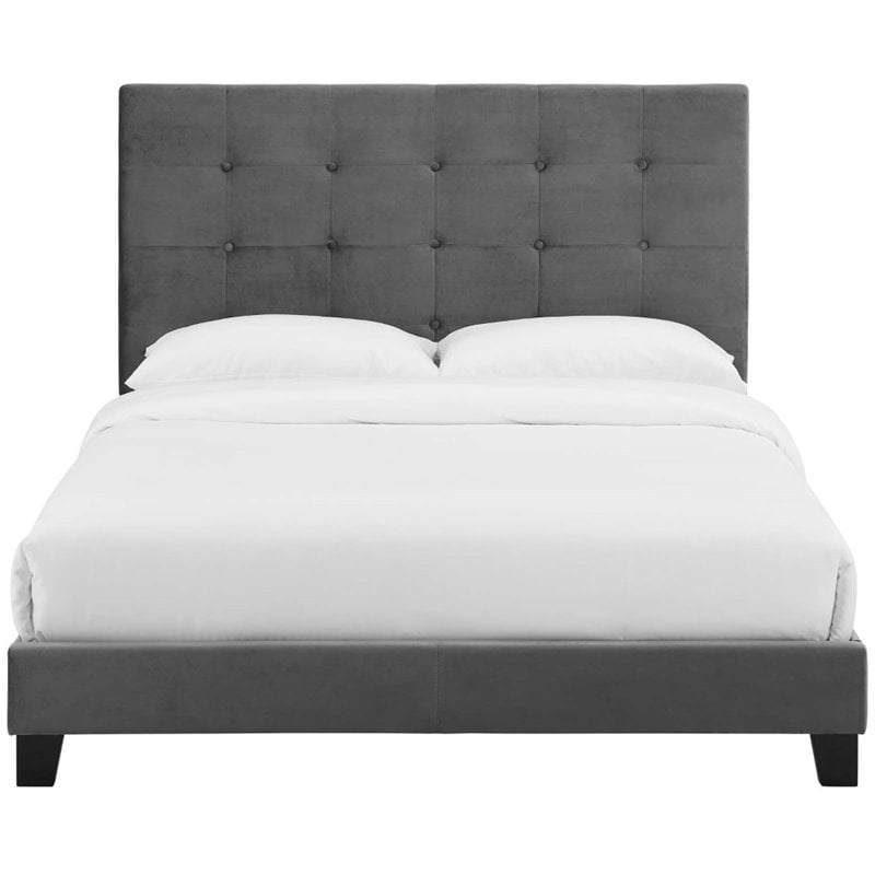 Maklaine Performance Velvet Upholstered Tufted King Platform Bed in Gray