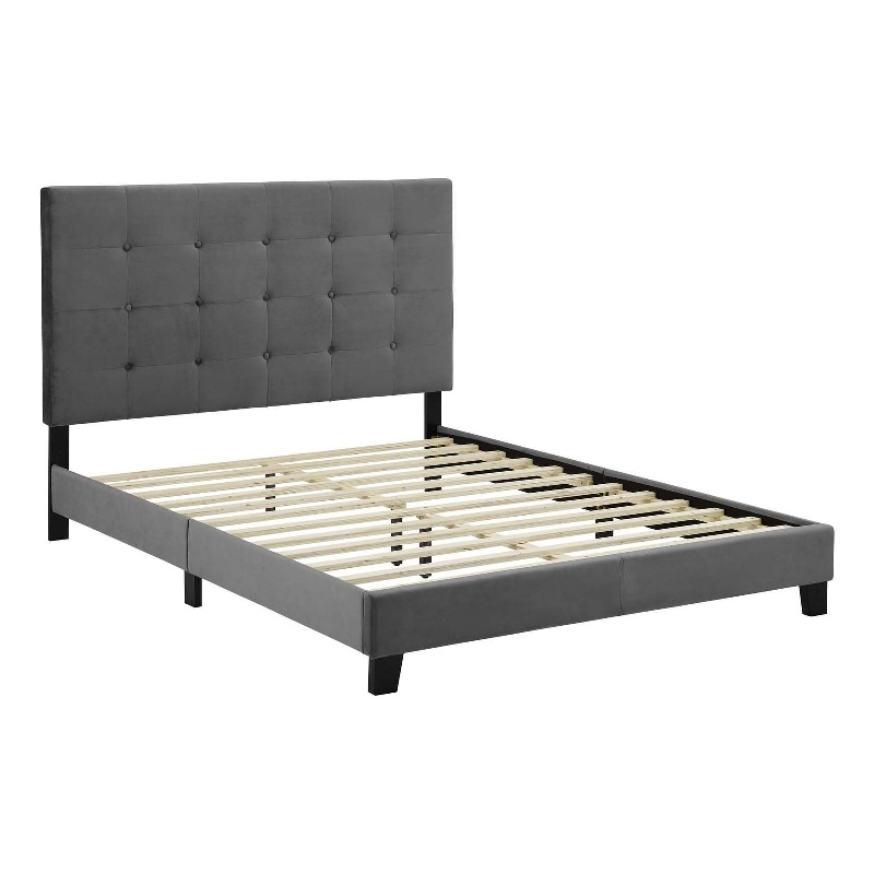 Maklaine Performance Velvet Upholstered Tufted King Platform Bed in Gray