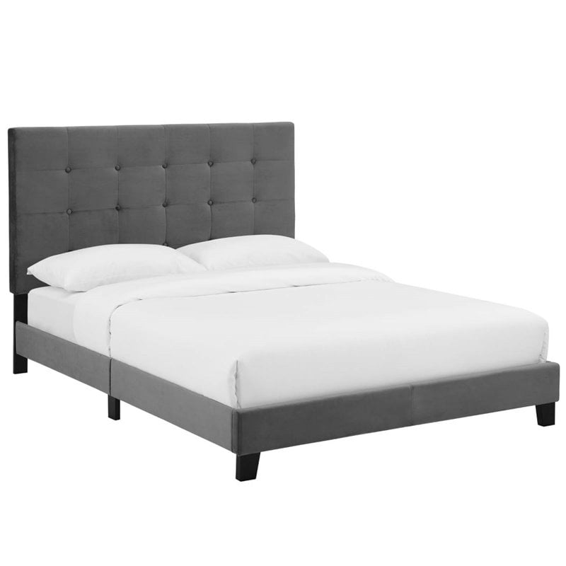 Maklaine Performance Velvet Upholstered Tufted King Platform Bed in Gray