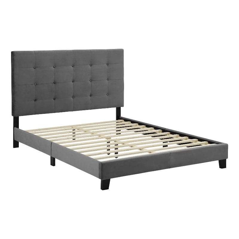 Maklaine Twin Tufted Button Performance Velvet Platform Bed in Gray