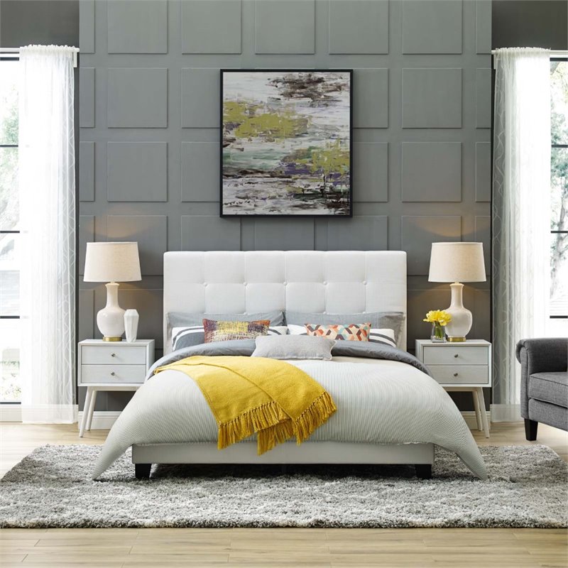 Maklaine King Tufted Button Upholstered Velvet Platform Bed in White