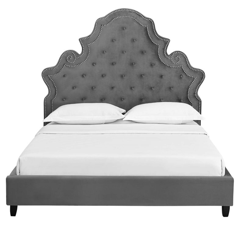 Maklaine Queen Tufted Nailhead Performance Velvet Platform Bed in Gray