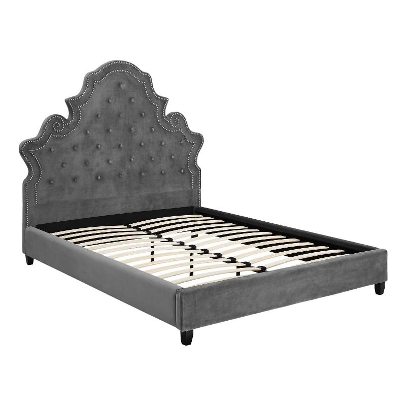 Maklaine Queen Tufted Nailhead Performance Velvet Platform Bed in Gray
