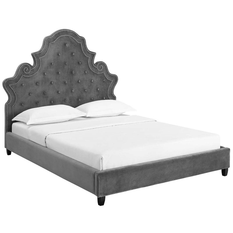 Maklaine Queen Tufted Nailhead Performance Velvet Platform Bed in Gray