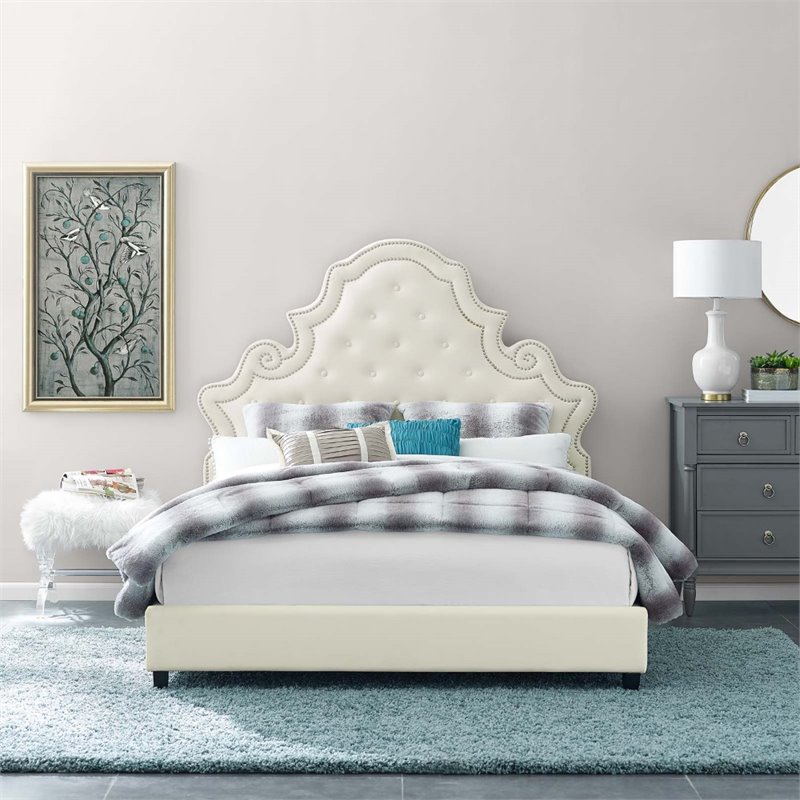 Maklaine Contemporary Tufted Nailhead Velvet Queen Platform Bed in Ivory