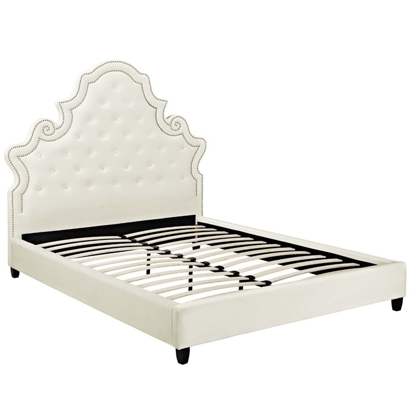 Maklaine Contemporary Tufted Nailhead Velvet Queen Platform Bed in Ivory