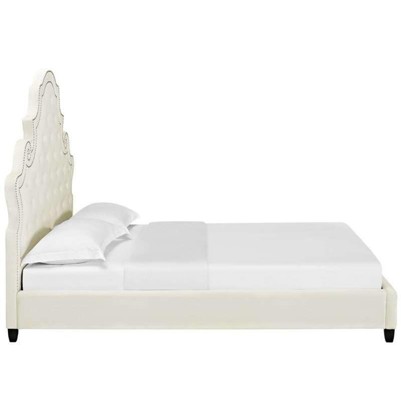 Maklaine Contemporary Tufted Nailhead Velvet Queen Platform Bed in Ivory