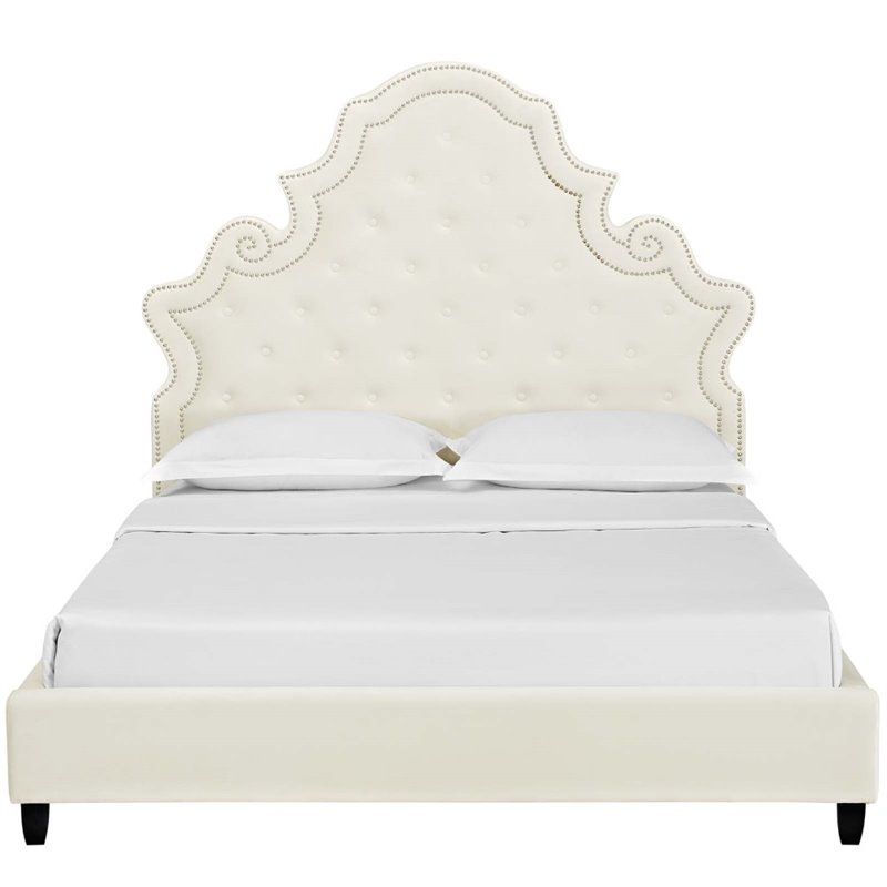 Maklaine Contemporary Tufted Nailhead Velvet Queen Platform Bed in Ivory