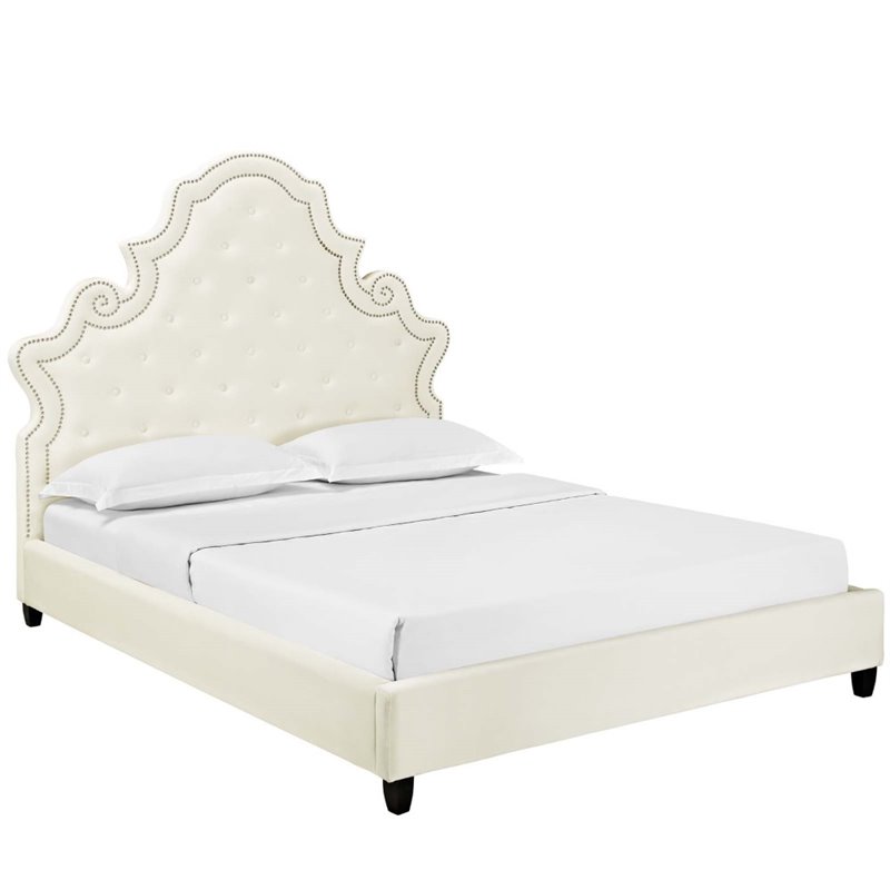 Maklaine Contemporary Tufted Nailhead Velvet Queen Platform Bed in Ivory