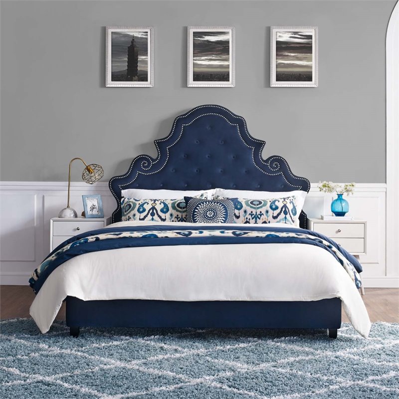 Maklaine Queen Tufted Nailhead Performance Velvet Platform Bed in Navy